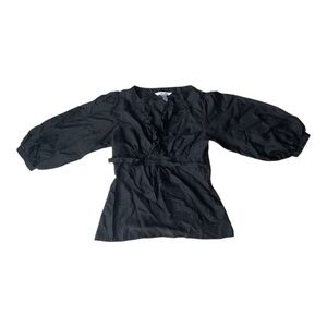 Eduardo Blanco 100% Silk Black Ruffle Blouse Puff Sleeve Tie Waist S